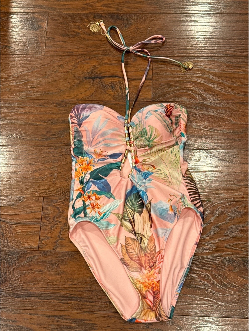 L'AGENCE Opus Halter One-Piece Swimsuit Pink Multi Colorful Palm Size M - Picture 4 of 8